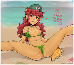 Rule 34 | 1girl, armlet, beach, bikini, blush, bowser peach, breasts, collar, commentary, dark-skinned female, dark skin, earrings, english commentary, eyeshadow, green bikini, hat, jewelry, kneepits, koopa peach, lips, long hair, makeup, mario (series), navel, nintendo, ocean, pointy ears, postcard, princess peach, prototype design, red eyes, red hair, shell, shell bikini, small breasts, solo, spiked armlet, spiked collar, spiked tail, spikes, spread legs, super mario odyssey, swimsuit, tail, thick eyebrows, yellowroom
