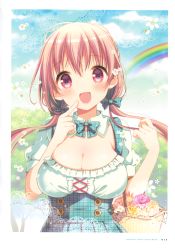 Rule 34 | 1girl, :d, absurdres, aqua bow, aqua dress, basket, border, bow, breasts, cleavage, day, detached collar, dress, finger to cheek, flower, flower basket, hair bow, highres, hinako note, lace, lace border, large breasts, light brown hair, long hair, low twintails, march-bunny, open mouth, ornate border, pink eyes, plaid, plaid bow, plaid dress, puffy short sleeves, puffy sleeves, rainbow, sakuragi hinako, short sleeves, smile, solo, tree, twintails