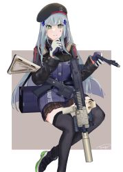 Rule 34 | 1girl, absurdres, artist name, assault rifle, beret, black footwear, black thighhighs, blue hair, blue jacket, blush, boots, breasts, foot out of frame, german flag, girls&#039; frontline, gloves, green eyes, gun, h&amp;k hk416, hair ornament, hairclip, hand on own chin, hat, highres, hk416 (girls&#039; frontline), holding, holding gun, holding weapon, jacket, long hair, long sleeves, looking at viewer, medium breasts, multicolored clothes, multicolored jacket, open mouth, plaid, plaid skirt, reraise, rifle, simple background, sitting, skirt, smile, solo, tactical clothes, teardrop facial mark, teardrop tattoo, thighhighs, two-tone jacket, weapon, white gloves