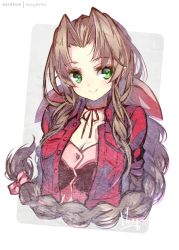 Rule 34 | 1girl, aerith gainsborough, blush, bow, braid, breasts, brown hair, choker, cleavage, closed mouth, final fantasy, final fantasy vii, green eyes, hair bow, hair intakes, hong (white spider), jacket, light blush, long hair, neck ribbon, open clothes, open jacket, parted bangs, patreon username, pink bow, red jacket, red ribbon, ribbon, ribbon choker, single braid, smile, solo, very long hair