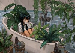 Rule 34 | 1girl, absurdres, bathroom, bathtub, black hair, blue eyes, braid, candle, collared shirt, commentary request, covered mouth, dripping, expressionless, faucet, fern, grey socks, hair over shoulder, hanging plant, highres, holding, holding shower head, hugging own legs, jitome, knees up, long hair, low twin braids, myango (applemangocrape), no sclera, original, plant, plant request, potted plant, respirator, shampoo bottle, shirt, short sleeves, shower head, sitting, socks, solo, tile wall, tiles, twin braids, vines, water drop, white shirt