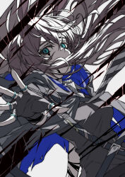 Rule 34 | 1girl, absurdres, amiya (arknights), animal ears, arknights, black gloves, blood, blood on face, blue eyes, breasts, brown hair, buckle, empty eyes, fingerless gloves, gloves, grey necktie, highres, jewelry, long hair, looking at viewer, magic, medium breasts, multiple rings, necktie, official alternate costume, outstretched arm, rabbit ears, ring, shokikanes, solo, striped necktie, upper body, very long hair