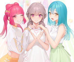 Rule 34 | 3girls, :d, bare shoulders, belt, blue hair, blush, bow, bow hair ornament, braid, brown hair, buttons, camisole, choker, commentary request, dress, flower, frilled sleeves, frills, green skirt, grin, hair between eyes, hair bow, hair flower, hair ornament, hairpin, happy, heart, heart hands, heart hands trio, heart in heart hands, highres, kirara akaru, komurasaki kuo, light smile, long eyelashes, long hair, long sleeves, looking at viewer, makeup, medium hair, multiple girls, ohisashiburi, open mouth, original, pale skin, parted lips, pink eyes, pink hair, project luminasys, shirt, short sleeves, skirt, smile, star (symbol), thick eyebrows, twin braids, twintails, white background, white camisole, white dress, white shirt, yellow eyes, yurizono eryu