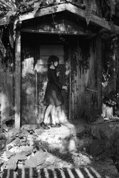 Rule 34 | 1girl, door, dress, highres, long sleeves, looking to the side, machihazure, mary janes, monochrome, opening door, original, photo background, plant, shadow, shoes, short hair, solo, standing