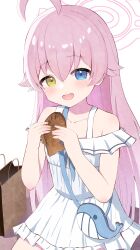 Rule 34 | 1girl, absurdres, ahoge, aoraine, bag, blue archive, blue eyes, blush, dress, fang, food, hair between eyes, halo, heterochromia, highres, hoshino (blue archive), long hair, official alternate costume, open mouth, pink hair, pink halo, shopping bag, shoulder bag, simple background, smile, solo, taiyaki, wagashi, white background, white dress, yellow eyes