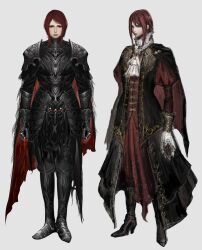 Rule 34 | 1girl, absurdres, armor, ascot, black cape, black coat, black footwear, bloodborne, boots, cape, closed mouth, coat, commentary, elden ring, english commentary, gauntlets, gloves, greaves, hanneli (hanny), hanny (uirusu chan), high heel boots, high heels, highres, hunter (bloodborne), multiple views, open clothes, open coat, red cape, red hair, shoulder armor, simple background, tarnished (elden ring), two-sided cape, two-sided fabric, two-tone cape, white ascot, white background, white gloves