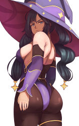 Rule 34 | 1girl, absurdres, annoyed, ass, bare shoulders, black hair, blush, breasts, detached sleeves, from behind, genshin impact, green eyes, hair ornament, hair ribbon, hat, highres, huge ass, leotard, lixiart, long hair, looking at viewer, mona (genshin impact), pantyhose, ribbon, shiny clothes, shiny skin, sideboob, solo, thighlet, twintails, very long hair