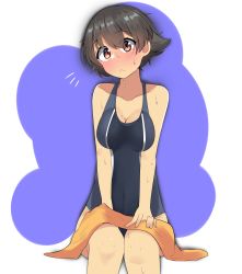 Rule 34 | 1girl, absurdres, blue one-piece swimsuit, breasts, brown eyes, brown hair, cleavage, closed mouth, competition swimsuit, covered navel, frown, girls und panzer, head tilt, highres, holding, holding towel, kshimu, looking at viewer, medium breasts, nakajima (girls und panzer), notice lines, one-hour drawing challenge, one-piece swimsuit, short hair, sitting, solo, swimsuit, towel, wet