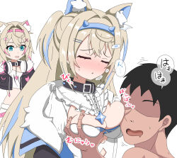 Rule 34 | 1boy, 2girls, animal ear fluff, animal ears, black collar, black jacket, blonde hair, blue eyes, blue hair, blush, breasts, closed eyes, collar, cropped jacket, cropped shirt, dog ears, dog girl, dress, faceless, faceless male, fang, fur-trimmed jacket, fur trim, fuwawa abyssgard, fuwawa abyssgard (1st costume), grabbing, grabbing another&#039;s breast, hair ornament, hairpin, headphones, headphones around neck, highres, hololive, hololive english, jacket, kohau1410, large breasts, mococo abyssgard, mococo abyssgard (1st costume), multicolored hair, multiple girls, open mouth, pink eyes, pink hair, shirt, short shorts, shorts, siblings, sisters, skin fang, small breasts, spiked collar, spikes, streaked hair, twins, virtual youtuber, white dress, white shirt, white shorts, x hair ornament