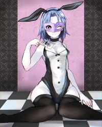 Rule 34 | 1girl, animal ears, black eyes, black hairband, black leotard, black thighhighs, blue hair, blush, breasts, card, checkered floor, choker, cleavage, closed mouth, colored skin, commentary request, cookie (touhou), feet out of frame, flour (cookie), hairband, highres, holding, holding card, joker (playing card), joker (cookie), kumoi ichirin, leotard, looking at viewer, mask, masquerade mask, medium breasts, mizuhashi parsee, one eye closed, parted bangs, patterned background, playboy bunny, playing card, rabbit ears, shimosuke, short hair, smile, solo, thighhighs, touhou, white leotard, white skin