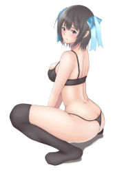 Rule 34 | 1girl, ass, black bra, black hair, black panties, black thighhighs, blue bow, blush, bow, bra, breasts, cleavage, full body, hair bow, hair ribbon, large breasts, looking at viewer, muffin (sirumeria), original, panties, purple eyes, red eyes, ribbon, short hair, simple background, solo, squatting, thighhighs, thong, underwear, underwear only, white background
