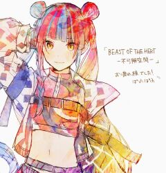 Rule 34 | 1girl, arm up, belt, blonde hair, blue hair, blunt bangs, checkered clothes, closed mouth, crop top, double bun, english text, grey background, hair bun, harusaruhi, highres, jacket, kamitsubaki studio, light smile, long hair, long sleeves, looking at viewer, midriff, multicolored hair, navel, pandapan, red hair, sidelocks, simple background, sketch, skirt, solo, translation request, upper body, yellow eyes