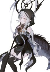Rule 34 | 1girl, arknights, black dress, black sleeves, black thighhighs, braid, brown eyes, closed mouth, commentary, crocodilian tail, dress, expressionless, fingerless gloves, gloves, grey gloves, grey hair, highres, holding, holding staff, hood, hood up, large tail, long hair, looking at viewer, off-shoulder dress, off shoulder, pointy ears, rippajun, side braid, sitting, solo, staff, tail, thighhighs, tomimi (arknights), twitter username, white background