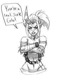 Rule 34 | 1girl, angry, bare shoulders, chain, crossed arms, cuffs, diepod, english text, greyscale, horns, long hair, looking at viewer, midriff, monochrome, pointy ears, ponytail, prison clothes, scar, scythana, scythana (skullgirls), shackles, single horn, skullgirls, solo