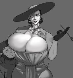 Rule 34 | 1boy, 1girl, alcina dimitrescu, beard, black gloves, black hair, black lips, breasts, bursting breasts, cleavage, collarbone, cowboy shot, dress, earrings, eyelashes, face to breasts, facial hair, flower, gigantic breasts, gloves, half-closed eyes, happy, hat, highres, holding, holding another&#039;s head, holding smoking pipe, huge breasts, jewelry, lipstick, looking at another, makeup, mature female, necklace, no pupils, open mouth, pearl necklace, resident evil, resident evil village, rose, shiny clothes, shiny skin, short hair, size difference, smile, smoking pipe, strangehero, tall female, teeth, upper teeth only, vampire