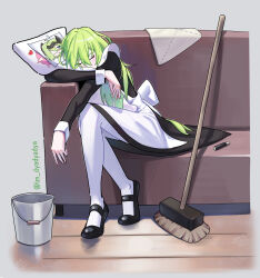 Rule 34 | 1girl, apron, black dress, black footwear, broom, bucket, closed eyes, commentary, couch, covered mouth, dakimakura (object), dress, dustcloth, dyadyadya, elysia (honkai impact), facing viewer, green hair, grey background, hair between eyes, highres, honkai (series), honkai impact 3rd, juliet sleeves, long hair, long sleeves, mobius (honkai impact), hugging object, on couch, pantyhose, pillow, pillow hug, puffy sleeves, rag, shoes, simple background, solo, symbol-only commentary, twitter username, very long hair, white apron, white pantyhose, wooden floor
