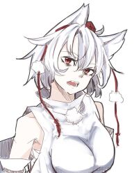 Rule 34 | 1girl, ahoge, animal ears, bare shoulders, breasts, inubashiri momiji, kanaria (bocmn), large breasts, looking at viewer, medium breasts, open mouth, pom pom (clothes), red eyes, shirt, short hair, simple background, solo, touhou, upper body, white background, white hair, white shirt, white sleeves, wolf ears