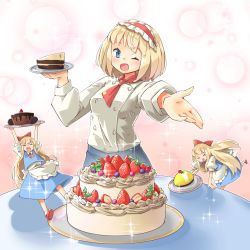 Rule 34 | &gt; &lt;, 3girls, ^ ^, alice margatroid, apron, arnest, berry, blonde hair, blue eyes, blue skirt, blue vest, blush, bow, bubble background, cake, chef, closed eyes, doll, food, frilled hairband, frills, fruit, hair bow, hairband, highres, holding up, layer cake, lolita hairband, long sleeves, looking at viewer, mini person, minigirl, mint, multiple girls, one eye closed, open mouth, outstretched hand, pastry, pink hairband, plate, puffy sleeves, red bow, red footwear, red headwear, red neckwear, shanghai doll, shirt, short hair, short sleeves, skirt, skirt set, sleeve cuffs, smile, sparkle, strawberry, table, touhou, vest, waist apron, white legwear, white shirt