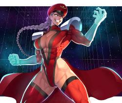 Rule 34 | 1girl, abs, armor, braid, braided ponytail, capcom, center opening, cleavage cutout, clothing cutout, genderswap, genderswap (mtf), grey hair, grin, hat, highres, leotard, long hair, low ponytail, m. bison, muscular, muscular female, narrow waist, ogami, pauldrons, peaked cap, red hat, red thighhighs, shoulder armor, single braid, skin tight, smile, solo, street fighter, thighhighs, thong leotard, very long hair