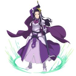 Rule 34 | 1girl, armor, armored boots, boots, fanatio, fanatio synthesis two, faulds, full body, gauntlets, hat, highres, holding, holding sword, holding weapon, long hair, official art, purple armor, purple cap, purple hair, sheath, shoulder armor, solo, standing, sword, sword art online, transparent background, unsheathing, weapon, yellow eyes