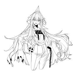 Rule 34 | 1girl, :d, arknights, chain, cropped legs, cuffs, fkskii65, greyscale, grin, hand in pocket, holding, hood, hood up, kafka (arknights), long hair, long sleeves, looking at viewer, monochrome, open mouth, pants, parted lips, prison, rubik&#039;s cube, shackles, smile, solo, torn clothes, very long hair