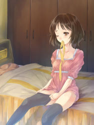 Rule 34 | 1girl, 398 (pixiv), 398 (ththei), bad id, bad pixiv id, bed, bedroom, brown eyes, brown hair, dressing, hirasawa ui, indoors, k-on!, mouth hold, one eye closed, short hair, sitting, solo, thighhighs, thighhighs pull, wink