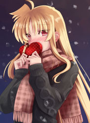 Rule 34 | 1girl, black sweater, blonde hair, blush, box, brown scarf, commentary, covering own mouth, fate testarossa, fringe trim, gift, gift box, heart-shaped box, holding, holding gift, long hair, long sleeves, looking at viewer, lyrical nanoha, mahou shoujo lyrical nanoha strikers, night, outdoors, plaid, plaid scarf, red eyes, scarf, snowing, solo, sougetsu izuki, sweater, tearing up, upper body, valentine