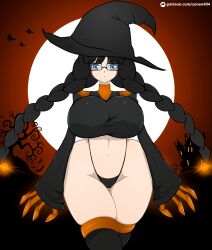 Rule 34 | 1girl, ass, black hair, breasts, claws, curvy, glasses, hat, highres, huge ass, huge breasts, large breasts, long hair, orange eyes, original, solo, thick thighs, thighhighs, thighs, thong, tight clothes, wide hips, witch, witch hat, zonen404