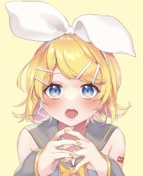 Rule 34 | 1girl, armpit crease, bare shoulders, blonde hair, blue eyes, blush, bow, detached sleeves, grey sailor collar, grey sleeves, hair bow, hair ornament, hairclip, headphones, headset, highres, interlocked fingers, kagamine rin, looking at viewer, neckerchief, number tattoo, open mouth, sailor collar, sailor shirt, shirt, short hair, shoulder tattoo, sleeveless, sleeveless shirt, solo, tatibanamarin, tattoo, vocaloid, white bow, yellow nails, yellow neckerchief