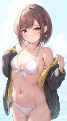 Rule 34 | 1girl, absurdres, bikini, black jacket, braid, breasts, brown eyes, brown hair, collarbone, commentary request, cowboy shot, front-tie bikini top, front-tie top, groin, highres, jacket, looking at viewer, loulis 0115, navel, open clothes, open jacket, project sekai, shinonome ena, short hair, side braid, small breasts, solo, swimsuit, white bikini