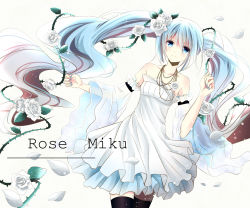Rule 34 | 1girl, absurdres, blue eyes, blue hair, character name, detached sleeves, flower, hair flower, hair ornament, hatsune miku, highres, jewelry, long hair, matching hair/eyes, nail polish, necklace, rose, ryo neko, solo, thighhighs, thorns, twintails, very long hair, vocaloid