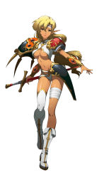 Rule 34 | 1girl, absurdres, dark skin, dark-skinned female, full body, highres, holding, holding sword, holding weapon, langrisser, langrisser m, langrisser mobile, official art, orange eyes, pointy ears, revealing clothes, sheath, sheathed, simple background, solo, sonia (langrisser), sword, tagme, thighhighs, weapon, white background