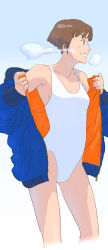 Rule 34 | 1girl, absurdres, blue hoodie, blue jacket, bob cut, breasts, brown eyes, brown hair, commentary request, cowboy shot, gake no ue no ponyo, grin, highres, hood, hoodie, jacket, jacket partially removed, light smile, lisa (ponyo), long sleeves, looking away, one-piece swimsuit, short hair, simple background, small breasts, smile, solo, standing, studio ghibli, swimsuit, tombiiwa, white one-piece swimsuit