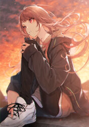 Rule 34 | 1girl, absurdres, black jacket, black pants, brown hair, brown shirt, cloud, cloudy sky, commentary, evening, floating hair, highres, jacket, knee up, kuwashima rein, light particles, long hair, long sleeves, looking away, original, outdoors, pants, parted lips, red eyes, shirt, shoes, sidelocks, sitting, sketch, sky, sleeves past wrists, sneakers, solo, unzipped, white footwear, wind, zipper