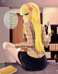 Rule 34 | 1girl, absurdres, anger vein, argyle, argyle clothes, argyle sweater, bed, black skirt, blonde hair, blunt bangs, blush, book, brown eyes, cellphone, closed mouth, commentary request, dawapat, door, from behind, grey socks, hairband, hand up, highres, holding, indoors, kendall perkins, kick buttowski, kneehighs, long hair, looking back, md5 mismatch, miniskirt, mole, mole under eye, nail polish, phone, pink hairband, pink nails, pleated skirt, resolution mismatch, shelf, sitting, skirt, smartphone, socks, source smaller, speech bubble, sweater, traced, translated
