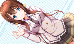 Rule 34 | 1girl, black necktie, black skirt, blazer, blue eyes, blush, brown hair, closed mouth, collared shirt, commentary request, copyright request, frills, grey blazer, hair between eyes, hand up, jacket, long hair, long sleeves, low twintails, na53, necktie, pleated skirt, shirt, sidelocks, skirt, smile, solo, twintails, very long hair, white shirt