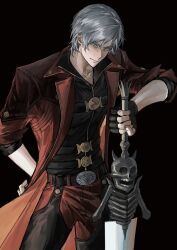 Rule 34 | 1boy, blue eyes, bonley, coat, dante (devil may cry), devil may cry, devil may cry (series), devil may cry 4, fingerless gloves, gloves, holding, looking at viewer, male focus, rebellion (sword), red coat, smile, solo, sword, weapon, white hair