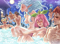 Rule 34 | 2girls, 6+boys, :d, ^ ^, abs, ayer, bath, bathing, blonde hair, blood, blue hair, blush, breasts, brown hair, closed eyes, cloud, collarbone, commentary, convenient censoring, covering crotch, covering privates, embarrassed, facial hair, full moon, giving up the ghost, granblue fantasy, hair censor, hair over breasts, jin (granblue fantasy), lancelot (granblue fantasy), large breasts, leaf, long hair, low twintails, mimonel, mixed-sex bathing, monster girl, moon, multiple boys, multiple girls, night, night sky, nosebleed, nude, onsen, open mouth, percival (granblue fantasy), pink hair, plant girl, pointy ears, rackam (granblue fantasy), red hair, scar, shared bathing, sky, smile, soriz, steam, surprised, tiamat (granblue fantasy), towel, towel on head, twintails, vane (granblue fantasy), water, water drop, yggdrasil (granblue fantasy)