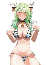 Rule 34 | 1girl, absurdres, animal ears, animal print, antlers, bell, bikini, black collar, blush, branch, breasts, ceres fauna, closed mouth, collar, commentary, cow ears, cow print, cow print bikini, cowbell, cup, dot nose, drinking glass, ear tag, earrings, english commentary, flower, green hair, hair flower, hair ornament, highres, holding, holding cup, hololive, hololive english, horns, jewelry, large breasts, leaf, long hair, milk, navel, neck bell, print bikini, raised eyebrows, shift (shiftillust), side-tie bikini bottom, simple background, skindentation, solo, stomach, swimsuit, thighs, virtual youtuber, wavy hair, white background, yellow eyes