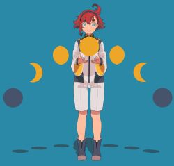 Rule 34 | 1girl, ahoge, aqua eyes, asticassia school uniform, black footwear, black hairband, blue background, boots, closed mouth, crescent, dou (mame eee), full body, full moon, gundam, gundam suisei no majo, hair between eyes, hairband, highres, jacket, long sleeves, looking at viewer, moon, red hair, school uniform, short hair, shorts, smile, solo, standing, suletta mercury, thick eyebrows, white jacket, white shorts, wide sleeves