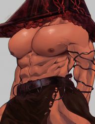 Rule 34 | 1boy, abs, artist name, bara, corruption, covered face, grey background, highres, large pectorals, leather, leather belt, male focus, manly, muscular, muscular male, nipples, pectorals, pyramid head, signature, silent hill (series), simple background, skirt, solo, topless male, veins, veiny arms, wire, yosugorou0803