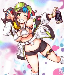 Rule 34 | 1girl, artist logo, badge, bikini, black hair, black shorts, blue hair, breasts, button badge, dated, fate/grand order, fate (series), green eyes, green hat, grin, hat, headphones, headphones around neck, jacket, kanon (kurogane knights), kneehighs, large breasts, light blush, long sleeves, looking at viewer, micro shorts, multicolored hair, navel, one eye closed, open clothes, open jacket, red hair, sei shounagon (fate), sei shounagon (swimsuit berserker) (fate), shorts, smile, socks, solo, spray can, swimsuit, teeth, thigh strap, v, visor cap, white bikini, white jacket