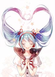 Rule 34 | 1girl, artist name, blouse, facing viewer, floating hair, floral background, flower, frilled sleeves, frills, gomzi, hair ribbon, hands up, hatsune miku, headphones, heart, heart hair, interlocked fingers, long hair, open mouth, own hands together, red ribbon, ribbon, sailor collar, shirt, short sleeves, sidelocks, signature, smile, solo, teeth, twintails, upper body, very long hair, vocaloid, white shirt