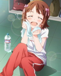 Rule 34 | 10s, 1girl, :d, ^ ^, amami haruka, bottle, brown hair, closed eyes, closed eyes, idolmaster, idolmaster (classic), idolmaster million live!, lens flare, musical note, official art, open mouth, pants, polo shirt, ribbon, short hair, smile, towel, track pants, water bottle