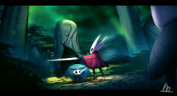 Rule 34 | 00kaiser, 2others, cape, cracked mask, grass, highres, hollow knight, hornet (hollow knight), impaled, knight (hollow knight), lance, leaf, letterboxed, lying, multiple others, needle (hollow knight), no humans, polearm, red cape, rock, shell, signature, standing, tree, weapon