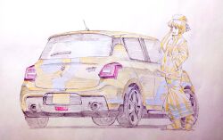Rule 34 | 1girl, :d, aria (manga), aria company uniform, beret, car, cwind, eyelashes, full body, hair tubes, hands in pockets, hat, hat ribbon, jacket, long sleeves, looking to the side, mizunashi akari, motor vehicle, open mouth, parted bangs, ribbon, short hair with long locks, simple background, sketch, smile, solo, spot color, suzuki (company), suzuki swift, traditional media
