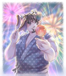 Rule 34 | 1boy, absurdres, alternate costume, banana, bara, barawa, bare shoulders, blue kimono, blush, brown eyes, brown hair, candy apple, draph, facial hair, festival, fireworks, food, fruit, goatee, granblue fantasy, highres, horns, incoming food, japanese clothes, kimono, looking at viewer, male focus, mature male, muscular, muscular male, osu (osumankokuou), pectoral cleavage, pectorals, pointy ears, print kimono, short hair, sleeves rolled up, smile, solo, sparkle, upper body