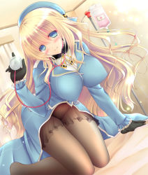 Rule 34 | 10s, 1girl, all fours, atago (kancolle), barefoot, bed, black gloves, black pantyhose, blonde hair, blush, breasts, brown pantyhose, choker, female focus, gloves, groin, hat, kantai collection, kneeling, large breasts, long skirt, looking at viewer, military, military uniform, no panties, open clothes, open skirt, oreiro, pantyhose, skirt, solo, stethoscope, uniform