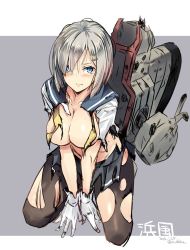 Rule 34 | 10s, 1girl, black pantyhose, blue eyes, breasts, cleavage, gloves, hair ornament, hair over one eye, hairclip, hamakaze (kancolle), kantai collection, large breasts, nabeshima tetsuhiro, pantyhose, school uniform, serafuku, short hair, solo, torn clothes, torn pantyhose, white gloves