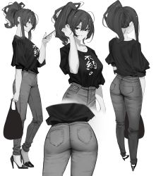 Rule 34 | 1girl, adjusting hair, arm at side, ass, back, bag, breasts, cellphone, chinese text, closed mouth, clothes writing, commentary request, denim, facing away, from behind, full body, gongba laoge, greyscale, hair between eyes, high heels, highres, holding, holding bag, holding phone, jeans, long hair, looking at penis, looking at viewer, monochrome, multiple views, original, pants, phone, pocket, ponytail, profile, shirt tucked in, sidelocks, simple background, smartphone, standing, white background